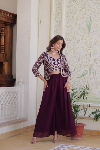 Georgette Fabric Plazo Koti Choli Suit In Maroon color