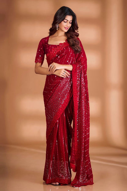 Red Color Beautiful Partywear Saree in Gerogette Fabric