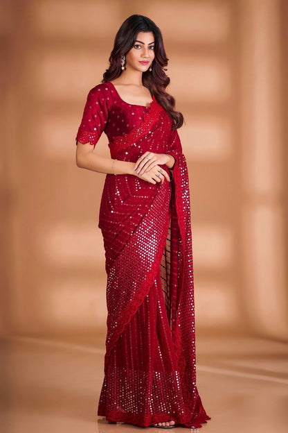 Red Color Beautiful Partywear Saree in Gerogette Fabric