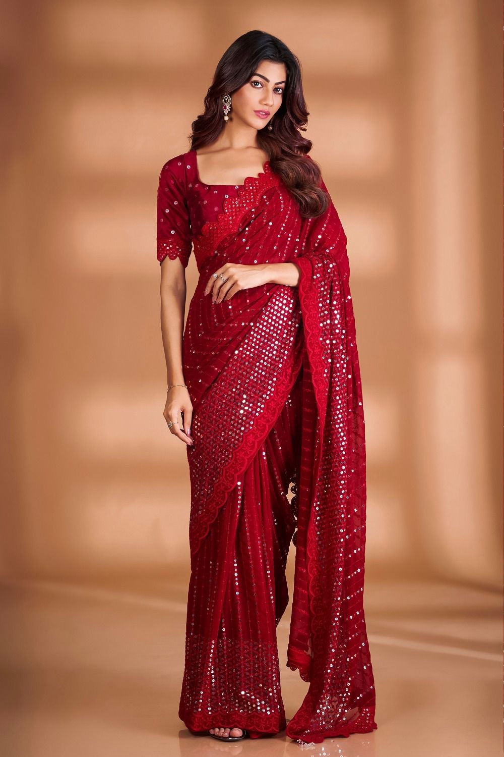 Red Color Beautiful Partywear Saree in Gerogette Fabric