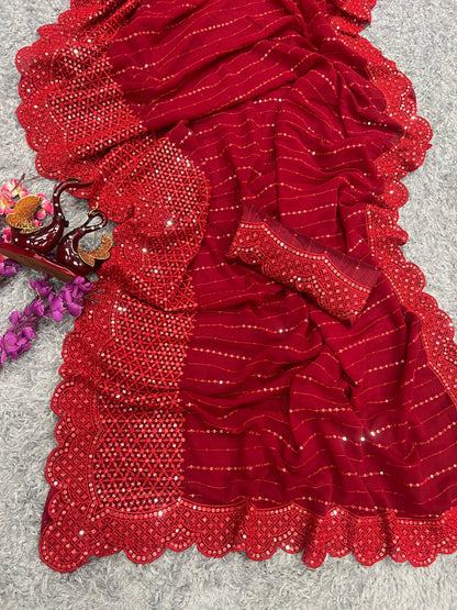 Red Color Beautiful Partywear Saree in Gerogette Fabric