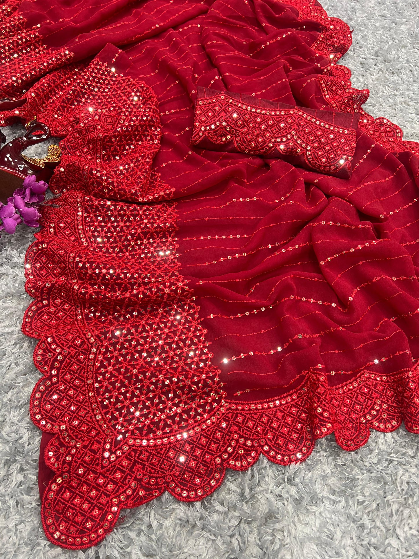 Red Color Beautiful Partywear Saree in Gerogette Fabric