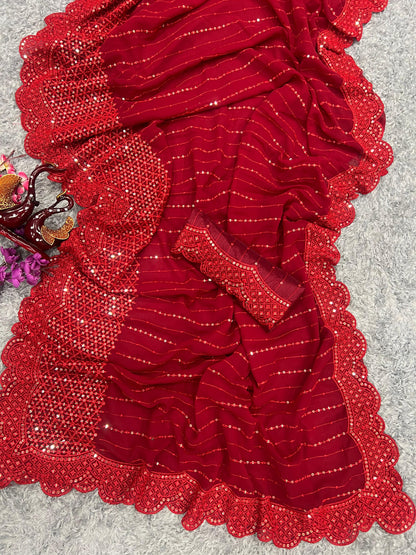 Red Color Beautiful Partywear Saree in Gerogette Fabric