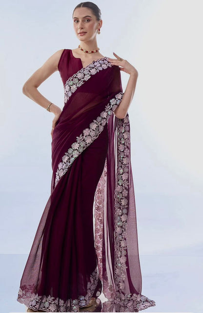 Beautiful Maroon Color Party Wear Saree For Upcoming Festival