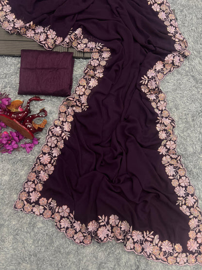 Beautiful Maroon Color Party Wear Saree For Upcoming Festival