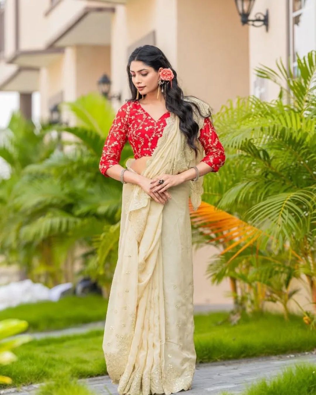 White Cream Color Orangza Saree