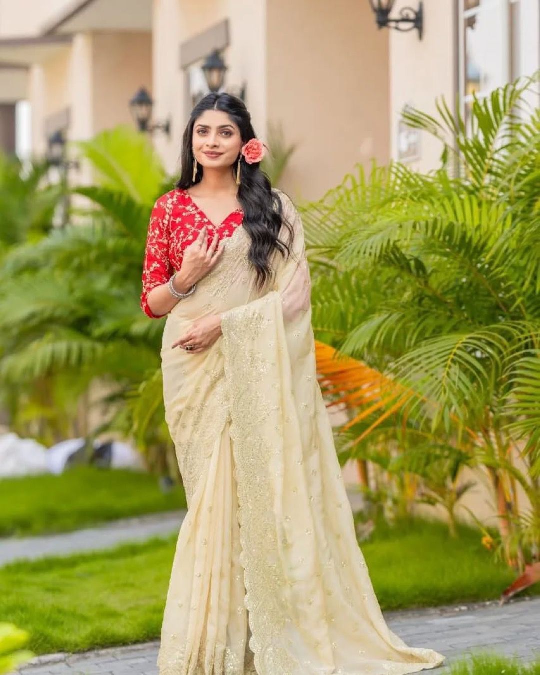 White Cream Color Orangza Saree