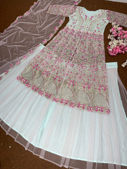 White Color Beautiful Anarkali Lehenga Choli in Net Fabric