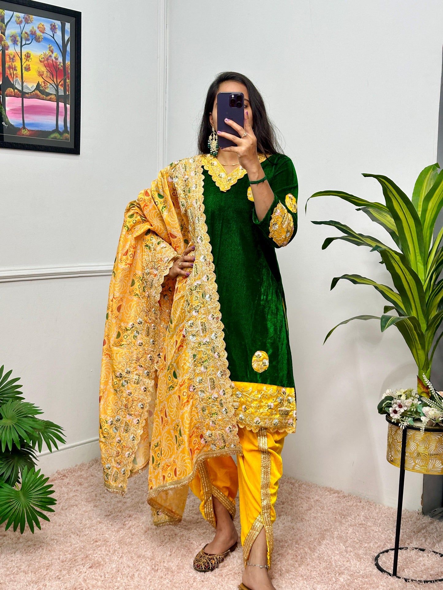 Green Yellow Color Beautiful Velvet Suit For Partywear function