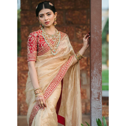 Cream Color Beautiful Organza Saree for wedding function