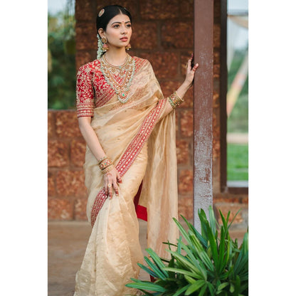 Cream Color Beautiful Organza Saree for wedding function