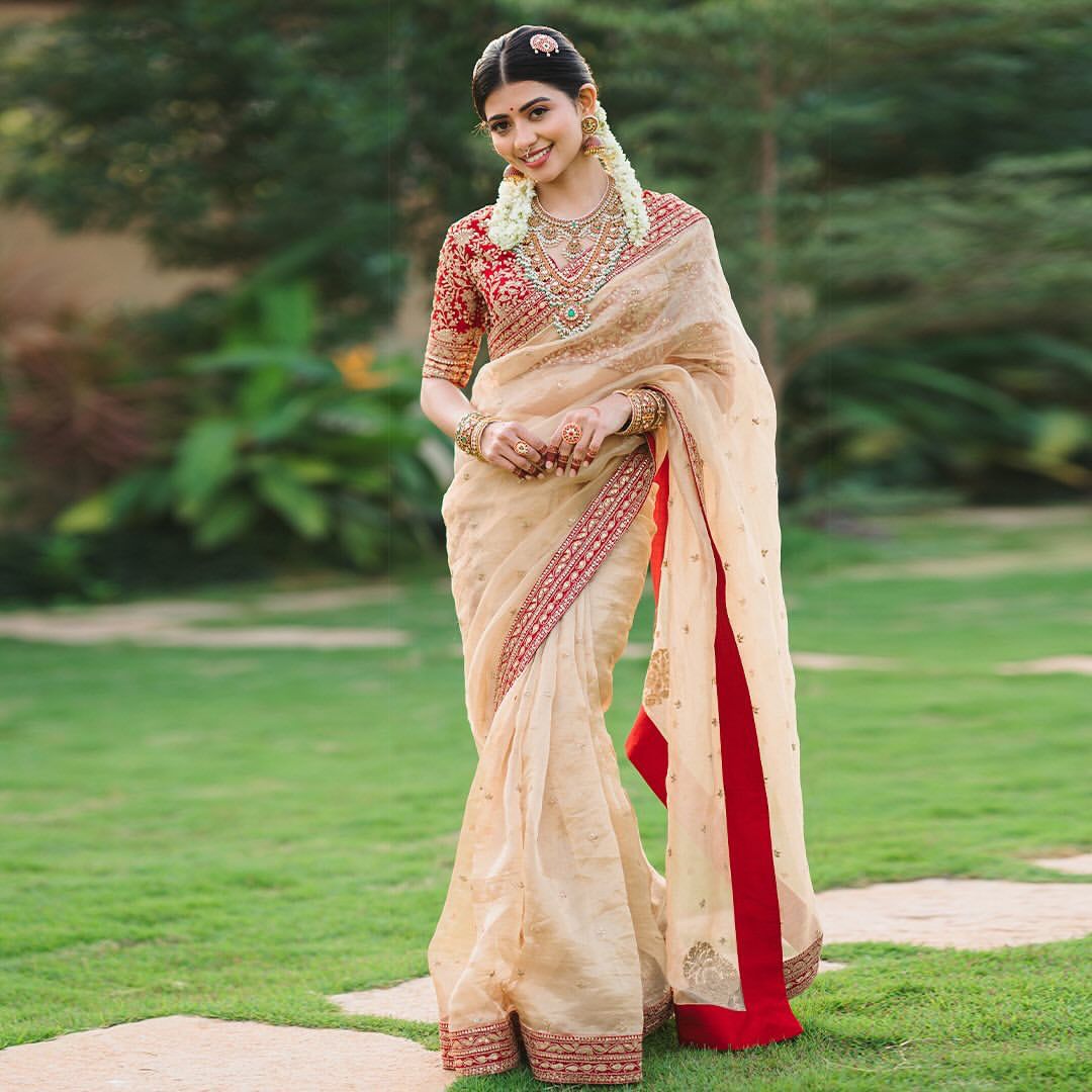 Cream Color Beautiful Organza Saree for wedding function