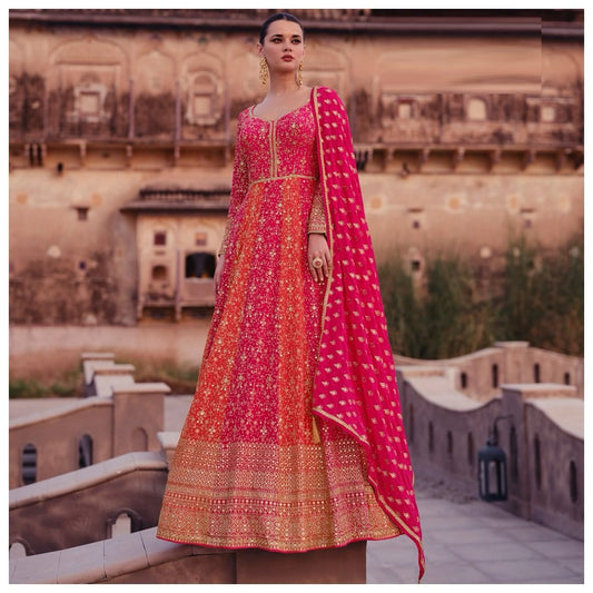 Pink Red Color Beautiful Anarakli Gown in Georgette Fabric