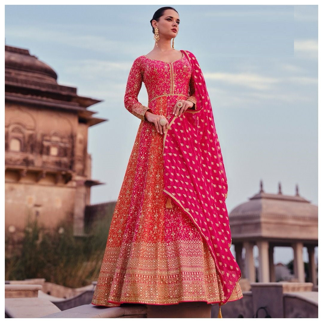 Pink Red Color Beautiful Anarakli Gown in Georgette Fabric