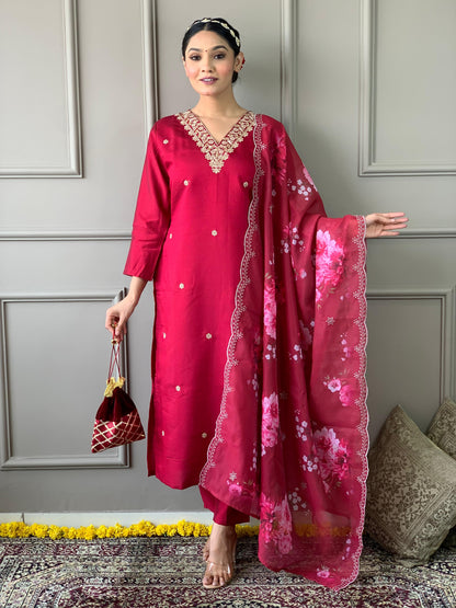 Pink Red Color Beautiful Chanderi Silk Suit