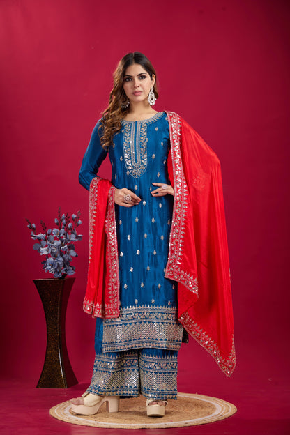 Light Blue Color Beautiful Partywear Suit In chinon Fabric