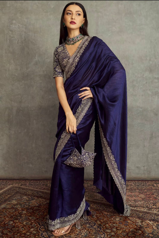 Blue Color Beautiful Partywear Designer Sequins Saree