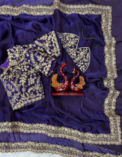 Blue Color Beautiful Partywear Designer Sequins Saree