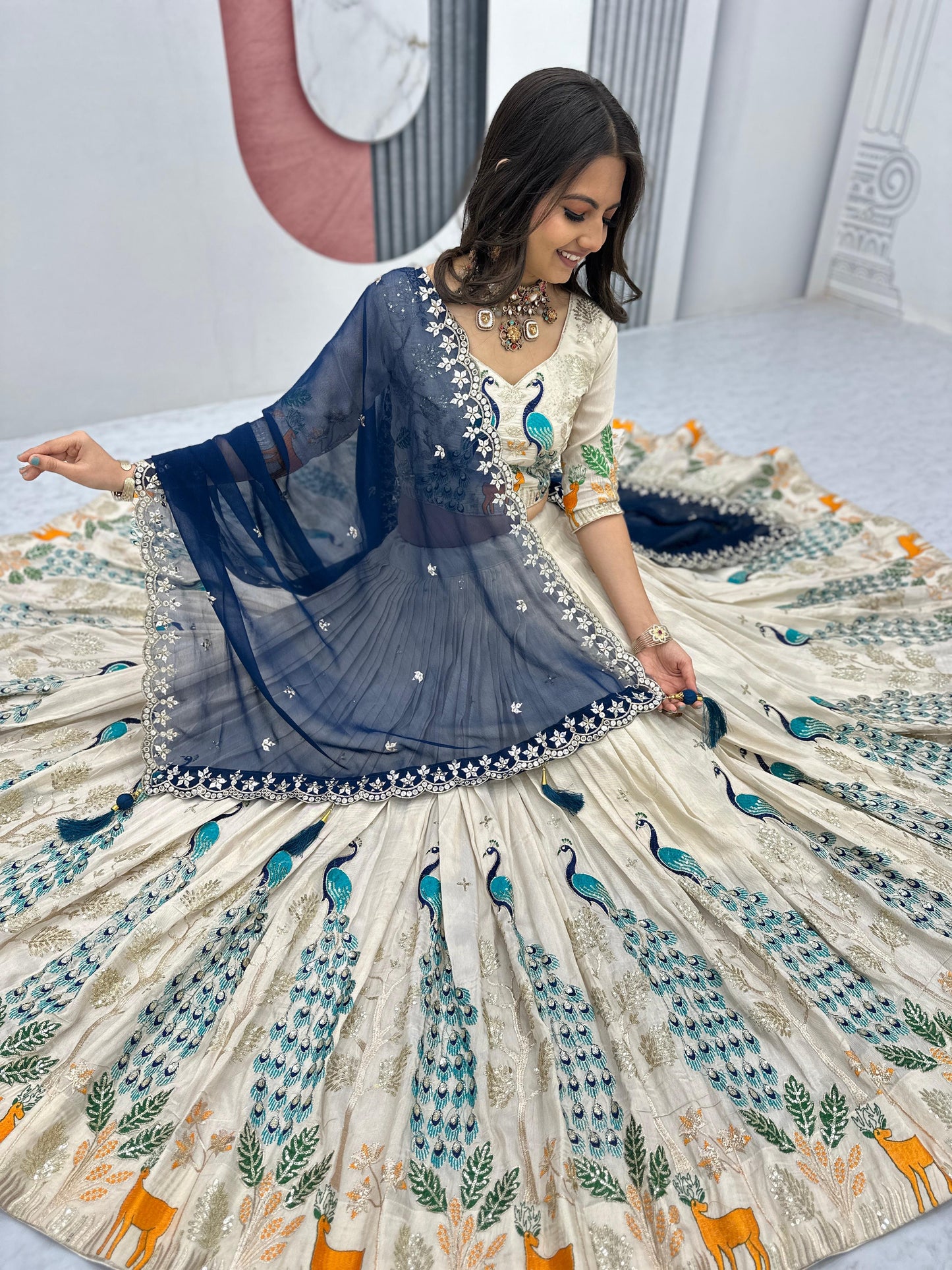 Wedding Wear Lehenga Choli With Cancan In White Cream Color with blue dupatta