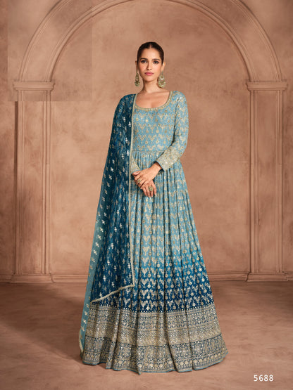 Designer Partywear Dress in Georgette Fabric in blue color
