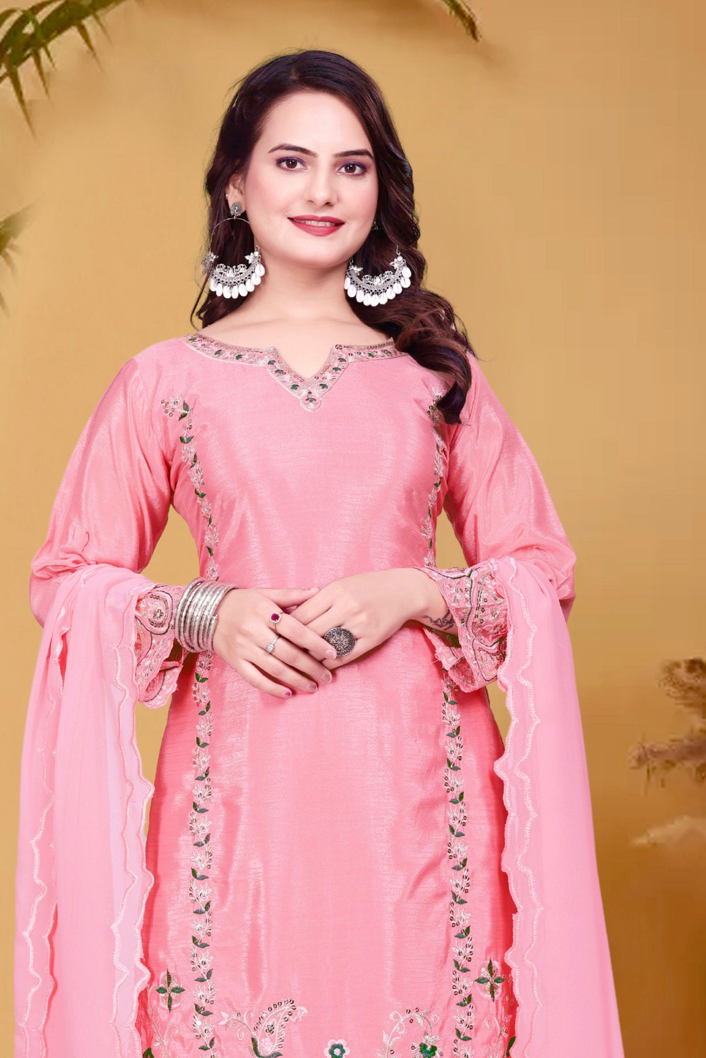3 Piece Long Kurti With Bottom And Beautiful Dupatta in pink color
