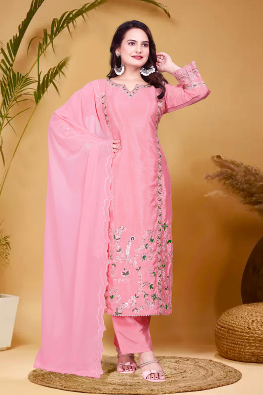 3 Piece Long Kurti With Bottom And Beautiful Dupatta in pink color
