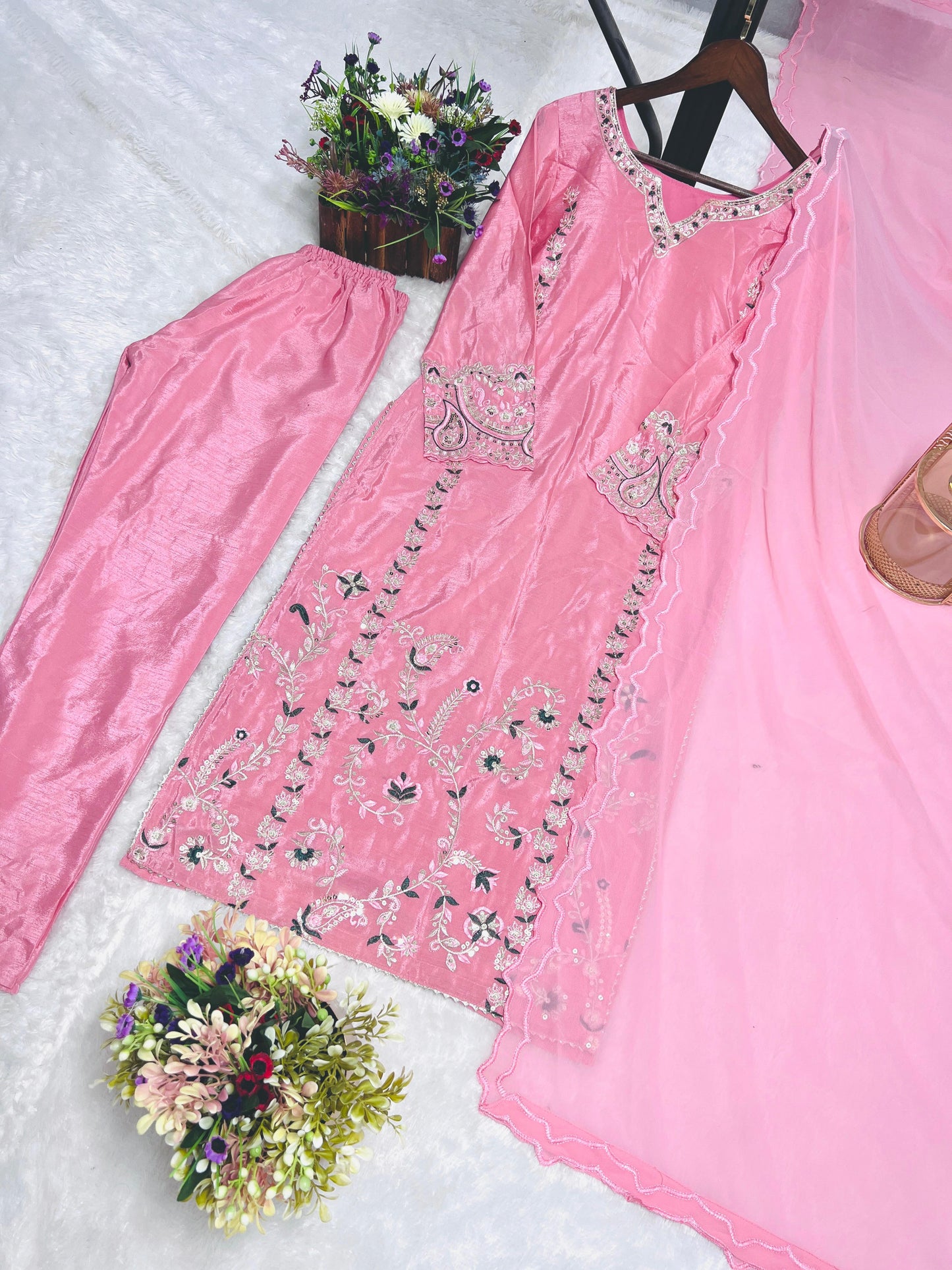 3 Piece Long Kurti With Bottom And Beautiful Dupatta in pink color