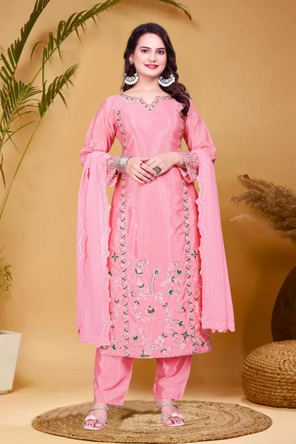 3 Piece Long Kurti With Bottom And Beautiful Dupatta in pink color
