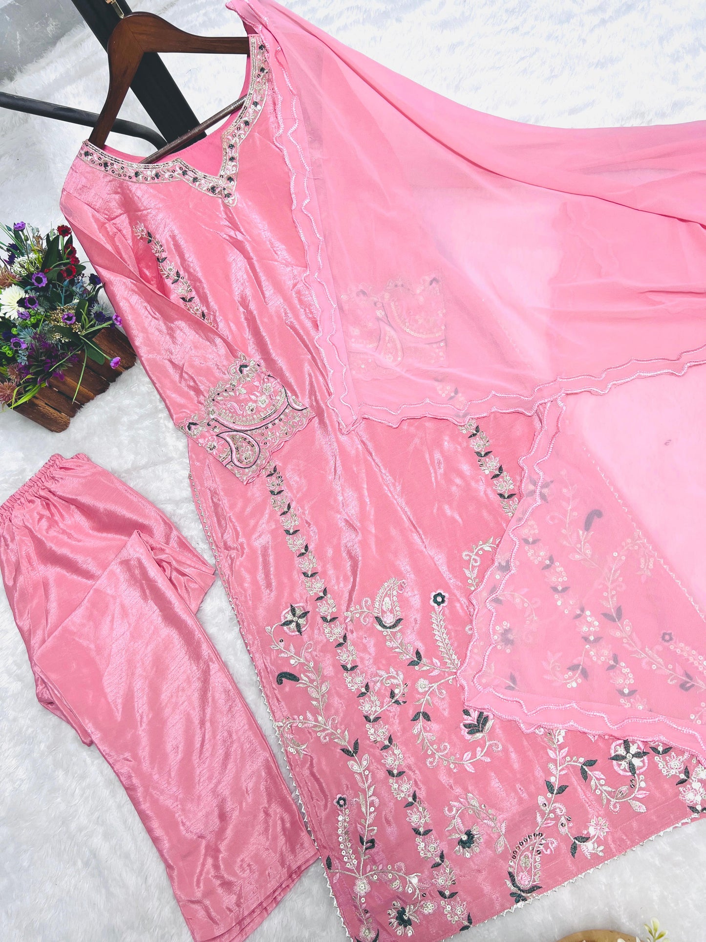 3 Piece Long Kurti With Bottom And Beautiful Dupatta in pink color