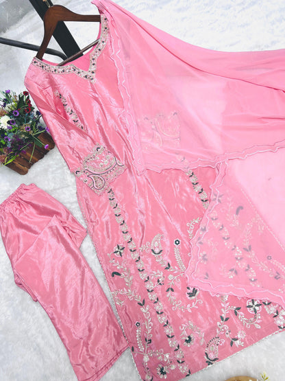 3 Piece Long Kurti With Bottom And Beautiful Dupatta in pink color