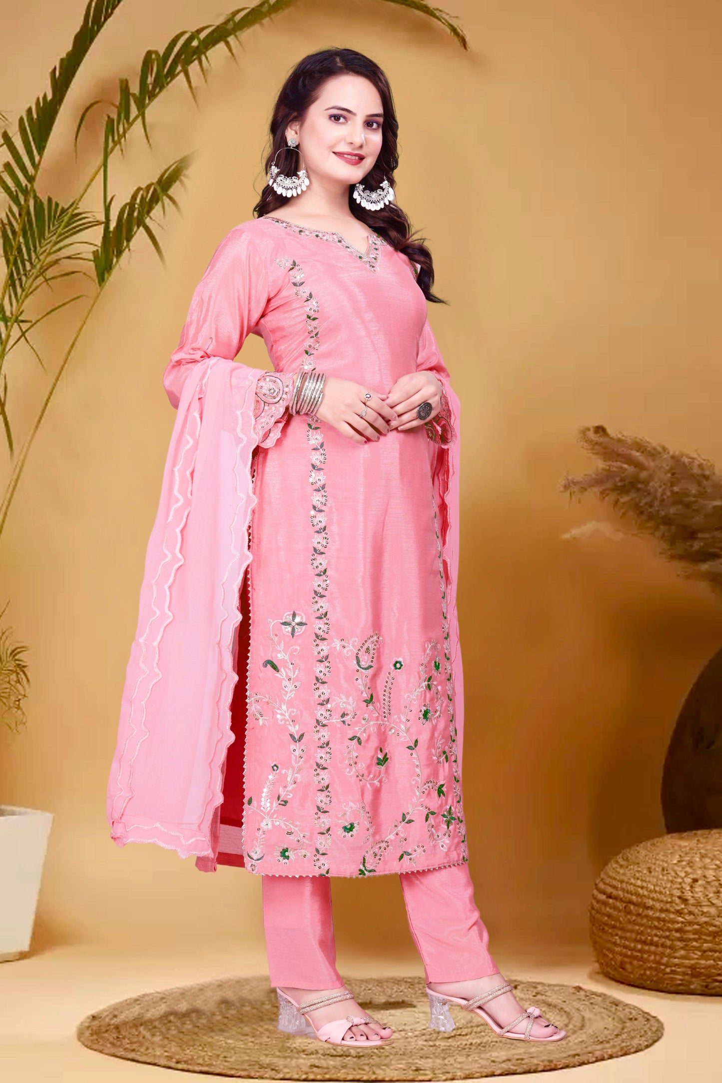 3 Piece Long Kurti With Bottom And Beautiful Dupatta in pink color
