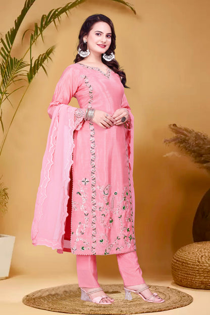 3 Piece Long Kurti With Bottom And Beautiful Dupatta in pink color