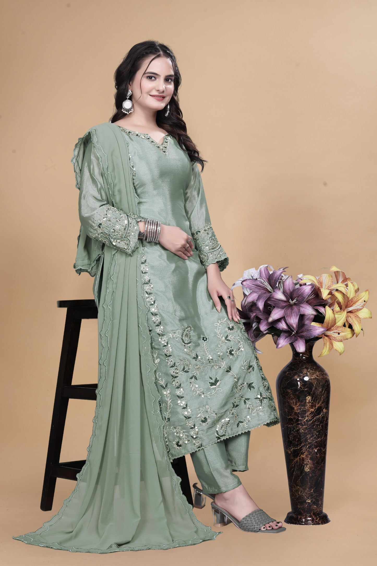 3 Piece Long Kurti With Bottom And Beautiful Dupatta