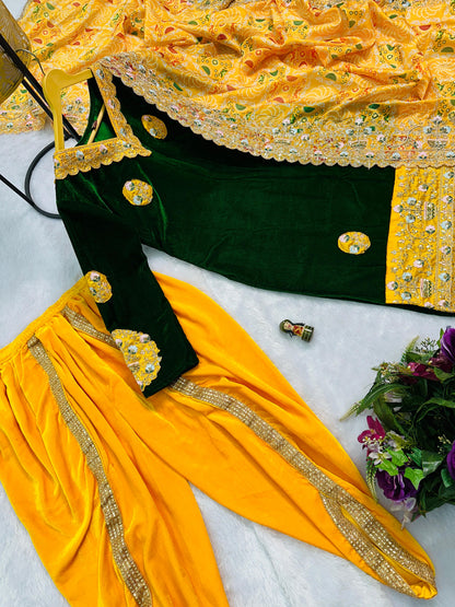 Green Yellow Color Beautiful Velvet Suit For Partywear function