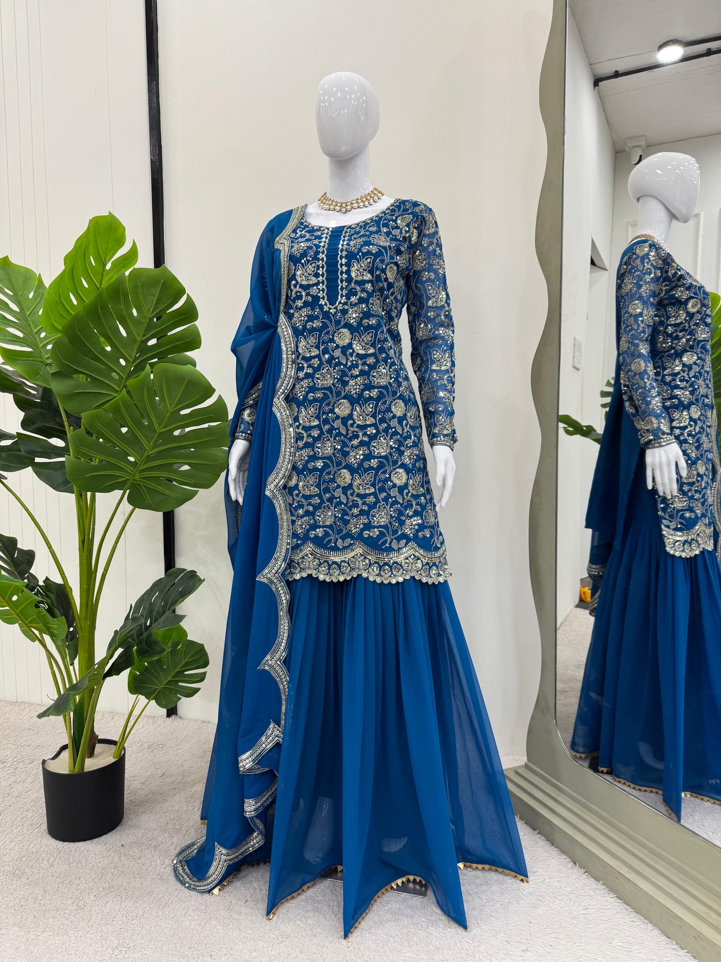 Blue Color Beautiful Sharara Suit For Wedding Function in Georgette Fabric