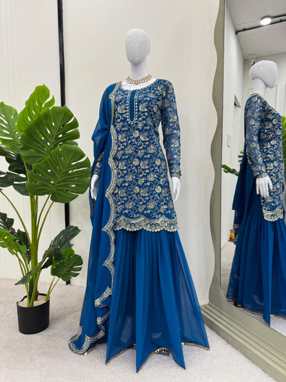 Blue Color Beautiful Sharara Suit For Wedding Function in Georgette Fabric