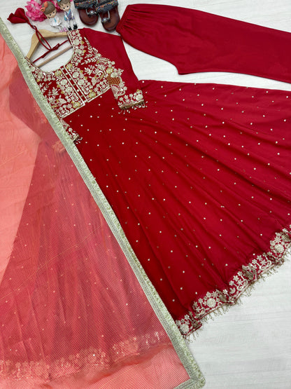 Anarkali Gown in red color in chinon fabric