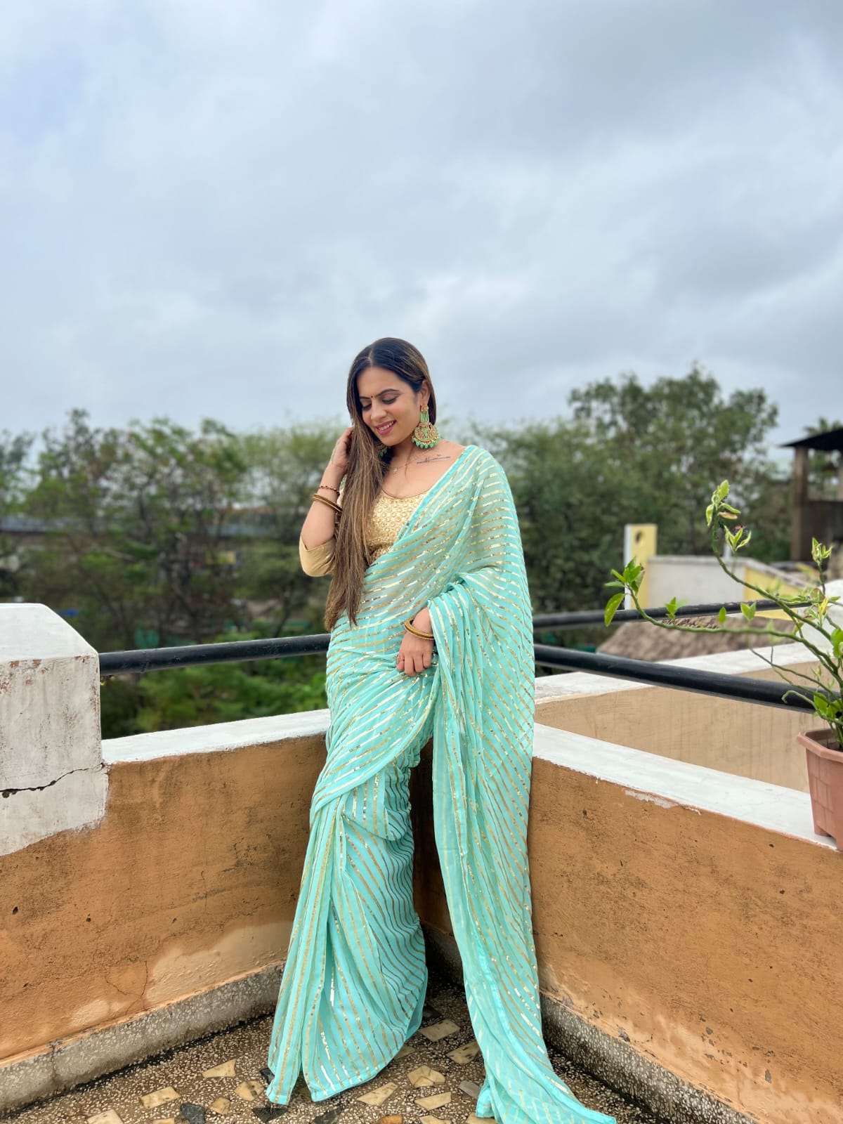 Sky Blue Color fancy Partywear Saree