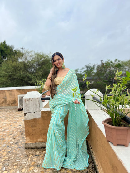 Sky Blue Color fancy Partywear Saree