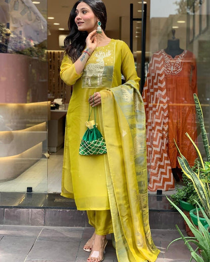 Yellow Color Beautiful Office Wear Silk Suit