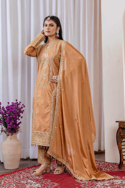 Orange Color Beautiful Partywear Chinon fabric Suit