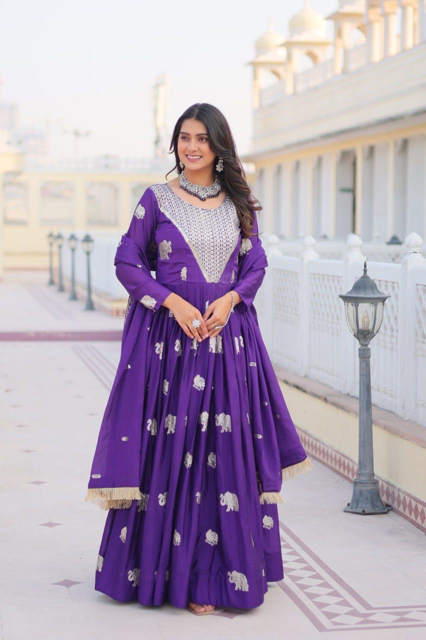 Purple Color Beautiful Anarkali Gown In Gerogette Fabric