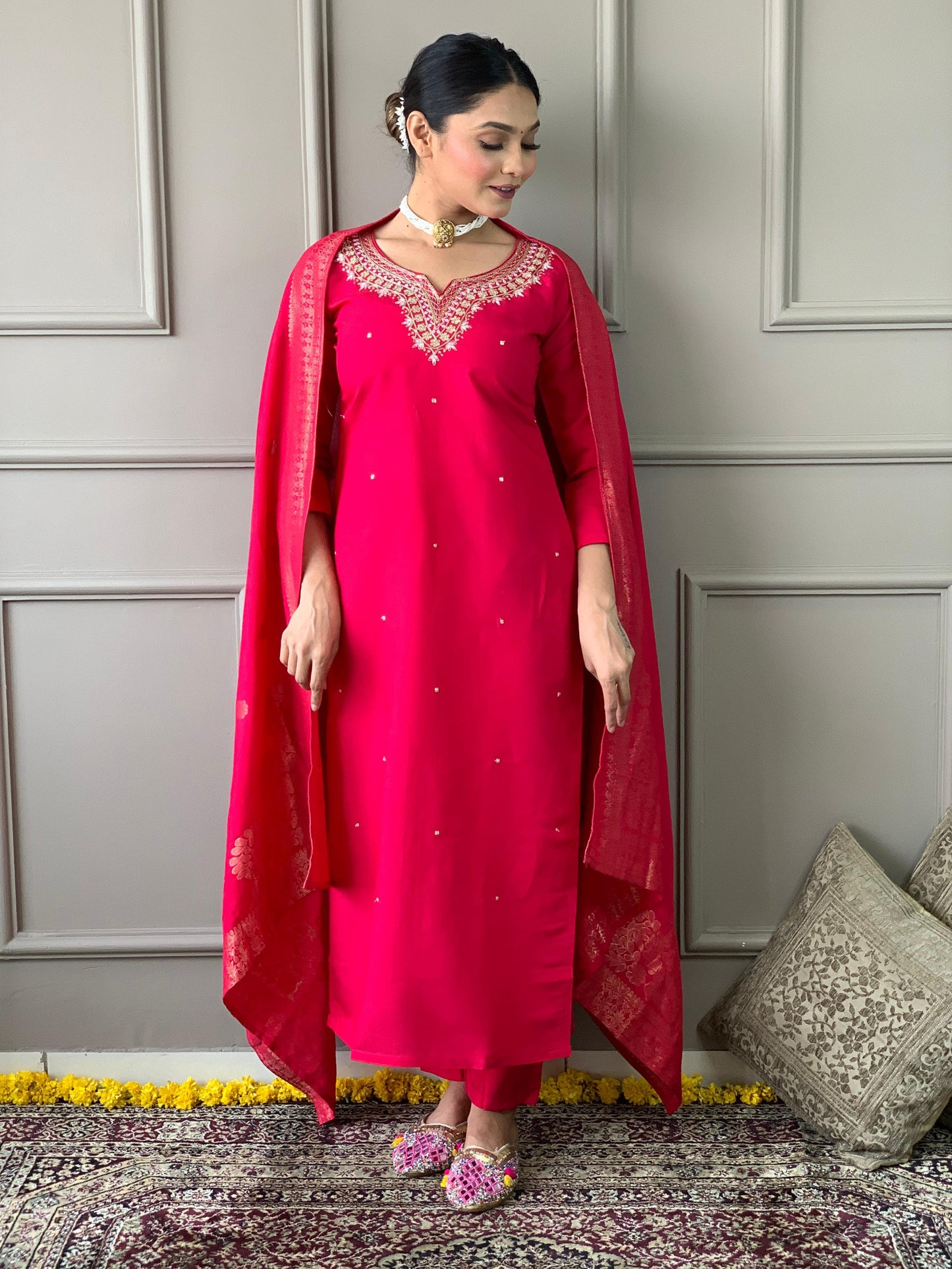 Kurti Duptta And Bottom Set in Red Color