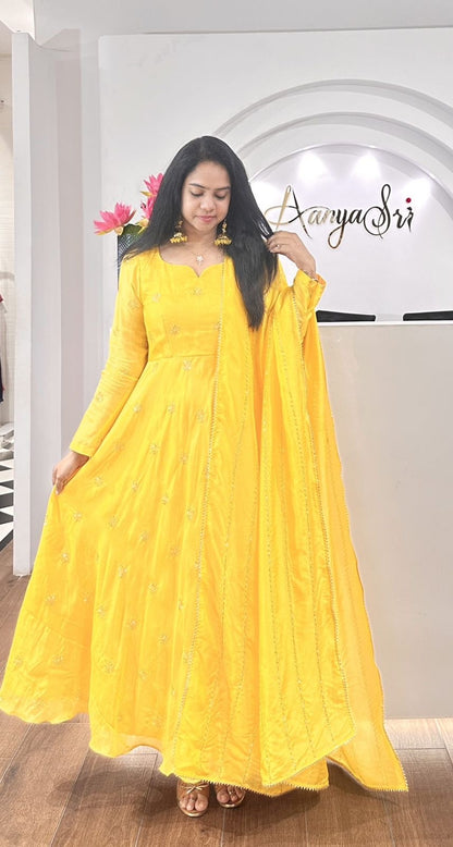 Beautiful Anarkali Gown in Chinon Fabric For Daily Wear Use in Yellow Color