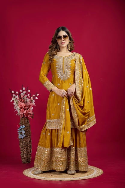 Yellow Color Chinon Silk Fabric Suit