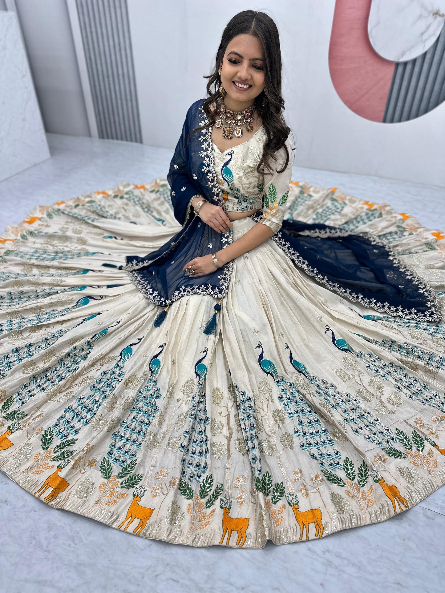 Wedding Wear Lehenga Choli With Cancan In White Cream Color with blue dupatta