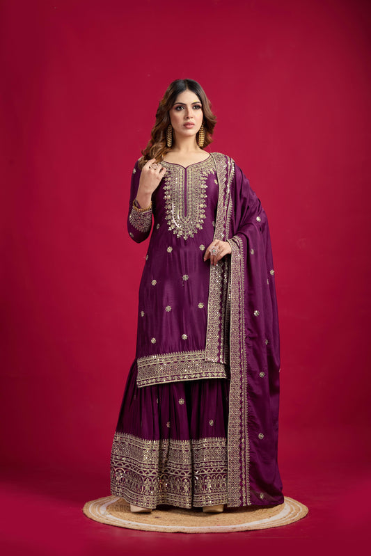 Purple Color Chinon Silk Fabric Suit