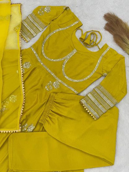 Beautiful Yellow Color Anarakli Gown Chinon Fabric