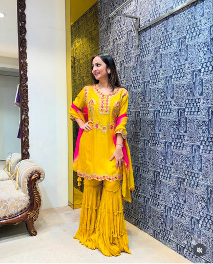 Chinon Fabric Fancy Sharara Suit in yellow color