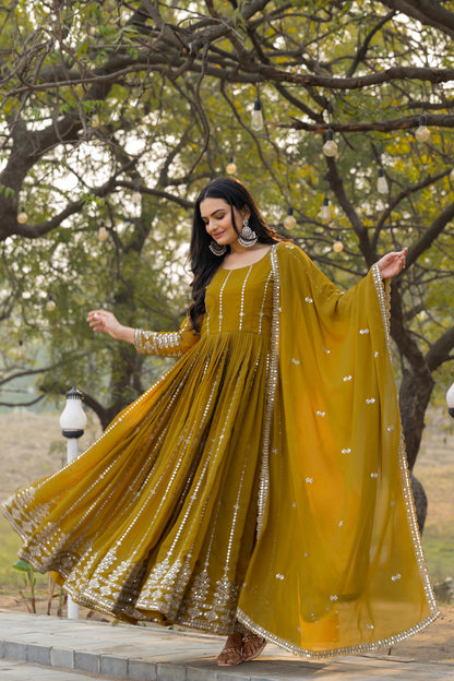 Yellow Musturd Color Anarakli Gown For wedding Haldi function